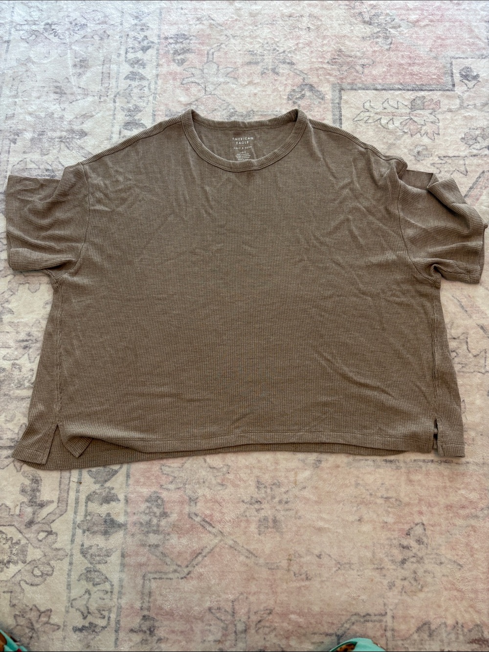 American Eagle Outfitters Short Sleeve Waffle Crewneck — Olive